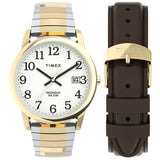 Timex EASY READER Mens Watch Gold-tone Expansion Band and Leather Strap Box Set TWG025500