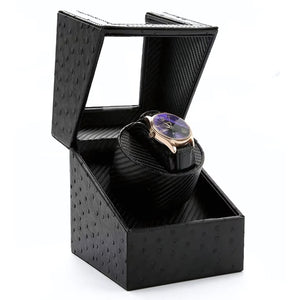 Single Slot PU Leather Watch Winder (Ostrich With Carbon Accents)